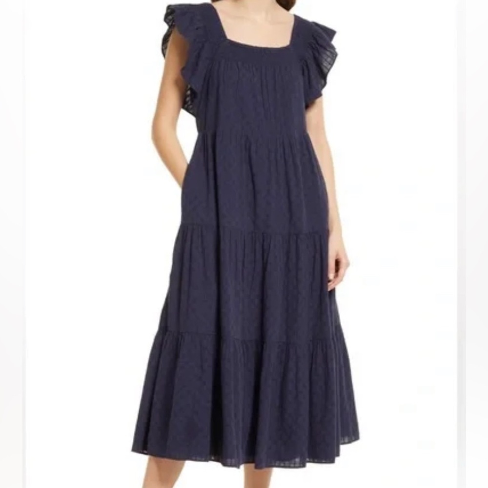 Madewell Ruffle-Sleeve Tiered Midi Dress in Textured Check